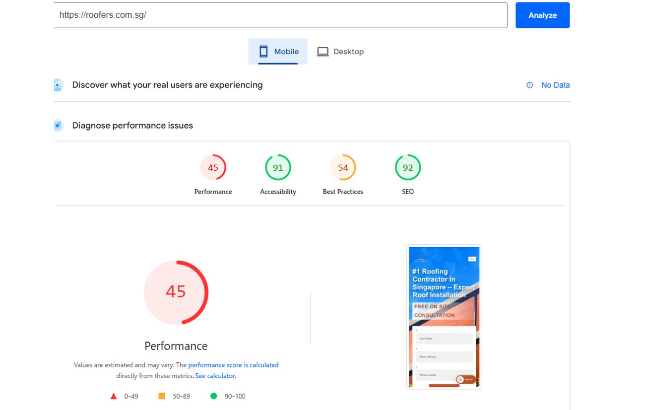 PageSpeed mobile before