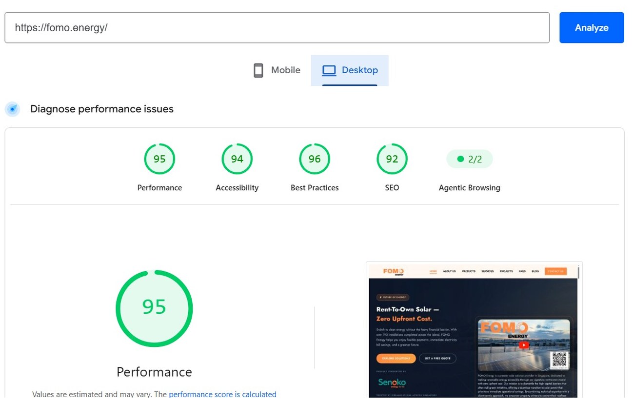 PageSpeed desktop after 95