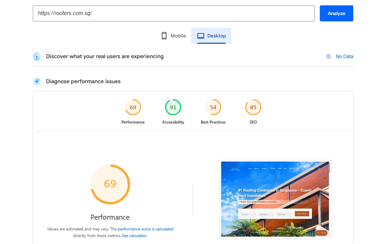 PageSpeed desktop before