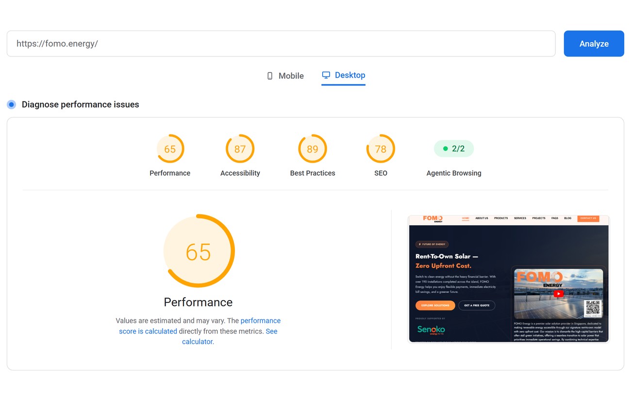 PageSpeed desktop before 65
