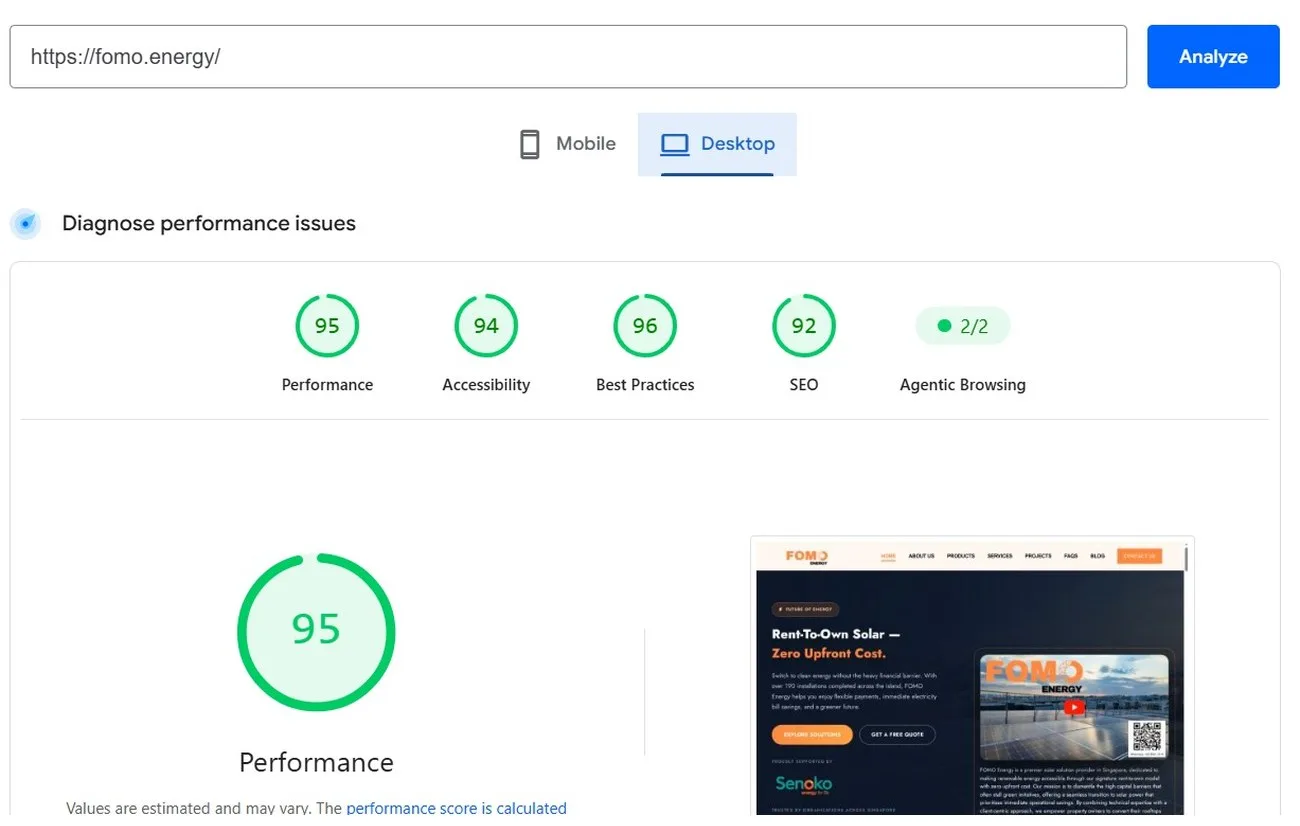 PageSpeed desktop after 95