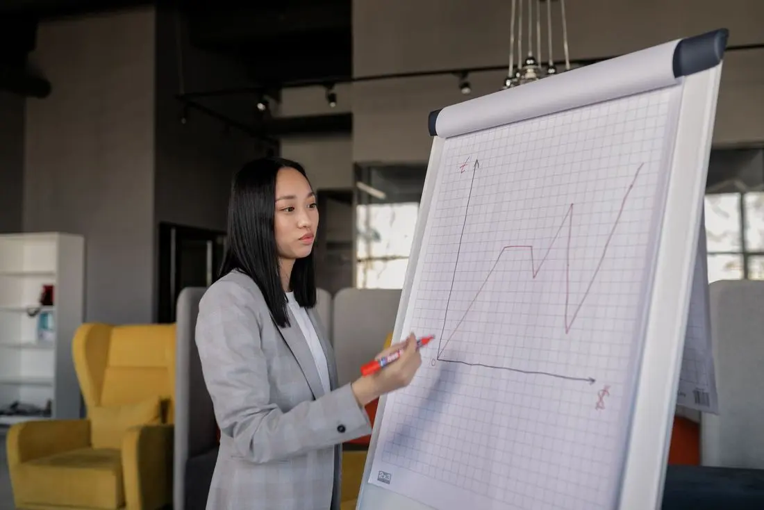 A consultant drawing a trend line on a flip chart during a working session